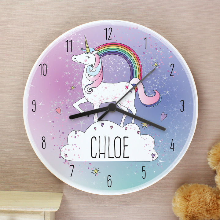 Buy Personalised Unicorn Wooden Clock at www.giftsfinder.co.uk