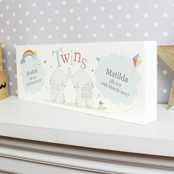 Personalised Hessian Elephant Twins Wooden Block Sign - part of the Personalised House Signs & Plaques collection