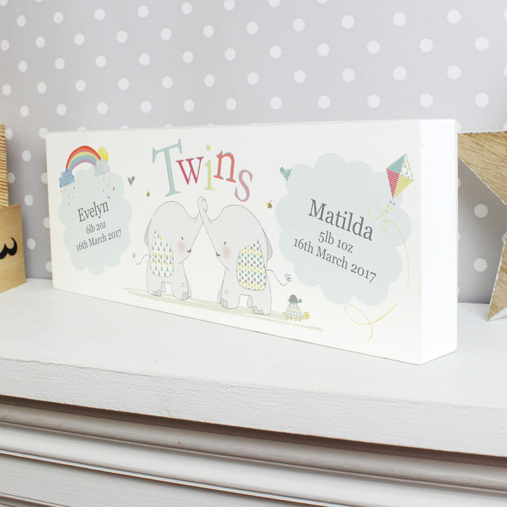 Buy Personalised Hessian Elephant Twins Wooden Block Sign at www.giftsfinder.co.uk