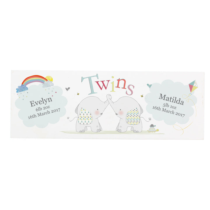 Buy Personalised Hessian Elephant Twins Wooden Block Sign at www.giftsfinder.co.uk