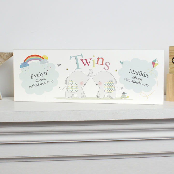 Buy Personalised Hessian Elephant Twins Wooden Block Sign at www.giftsfinder.co.uk