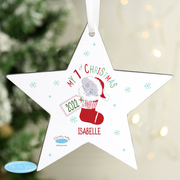 Buy Personalised Tiny Tatty Teddy My 1st Christmas Stocking Wooden Star Decoration at www.giftsfinder.co.uk