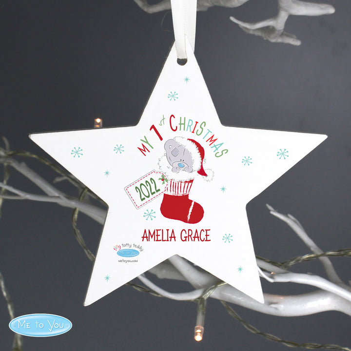 Personalised Tiny Tatty Teddy My 1st Christmas Stocking Wooden Star Decoration - part of the Gifts Finder Personalised Christmas Decorations collection