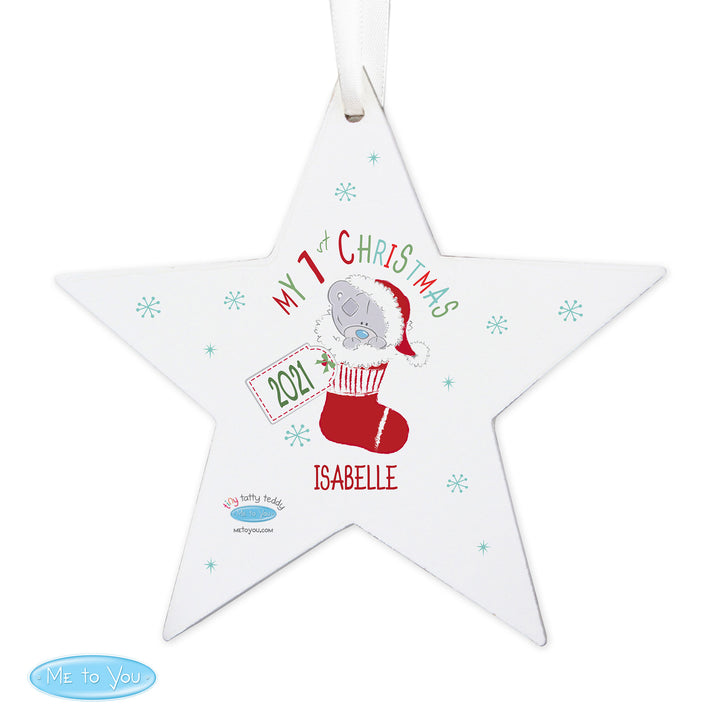 Personalised Tiny Tatty Teddy My 1st Christmas Stocking Wooden Star Decoration - part of the Gifts Finder Personalised Christmas Decorations collection