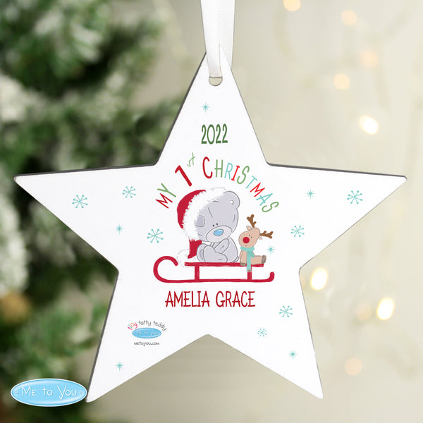 Buy Personalised Tiny Tatty Teddy My 1st Christmas Sleigh Wooden Star Decoration at www.giftsfinder.co.uk