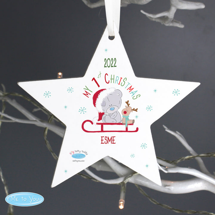 Personalised Tiny Tatty Teddy My 1st Christmas Sleigh Wooden Star Decoration - part of the Gifts Finder Personalised Christmas Decorations collection