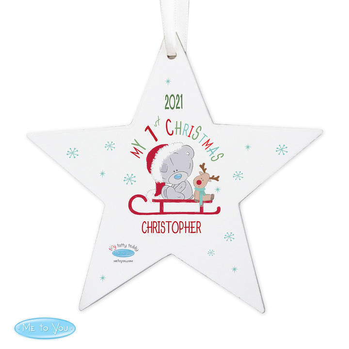 Personalised Tiny Tatty Teddy My 1st Christmas Sleigh Wooden Star Decoration - part of the Gifts Finder Personalised Christmas Decorations collection