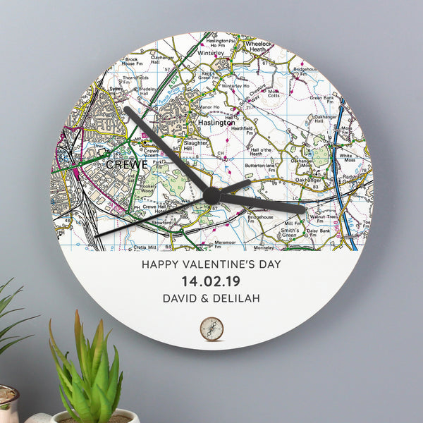 Buy Personalised Present Day Map Compass Wooden Clock at www.giftsfinder.co.uk