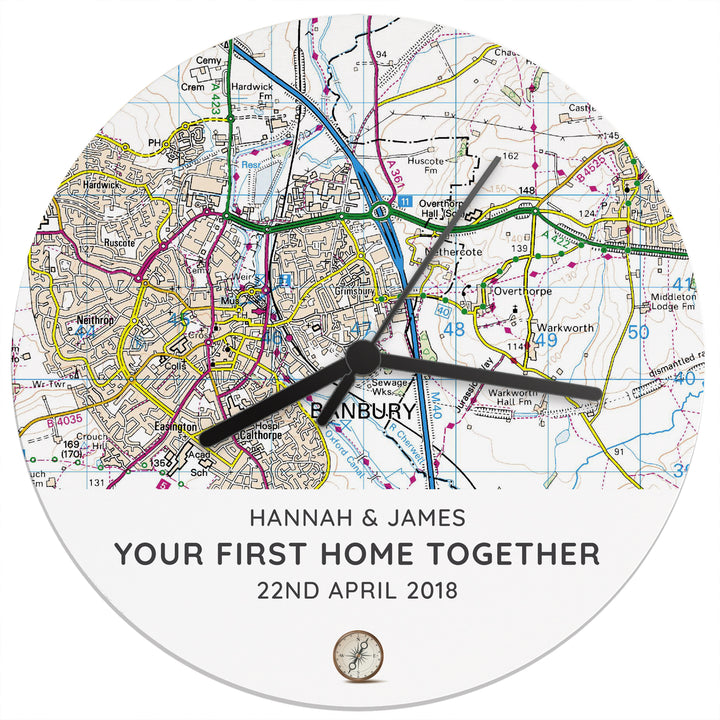 Personalised Present Day Map Compass Wooden Clock - part of the Gifts Finder Personalised Wooden Clocks collection