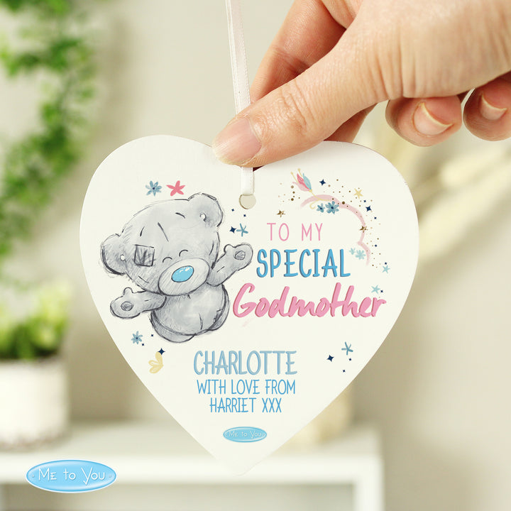 Personalised Me To You Godmother Wooden Heart Decoration - part of the Gifts Finder Personalised Heart Decorations collection