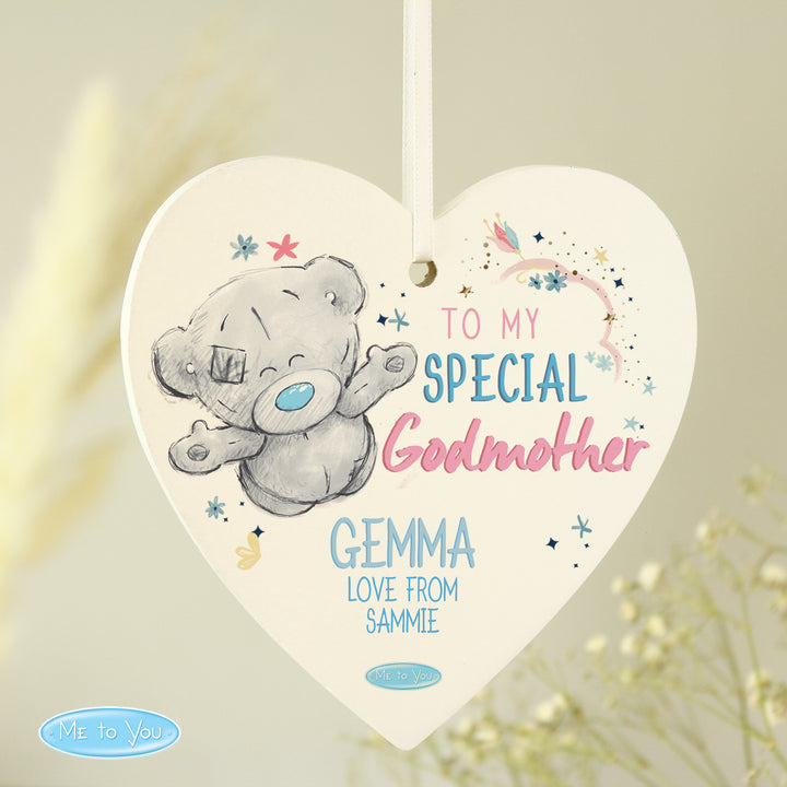 Personalised Me To You Godmother Wooden Heart Decoration - part of the Gifts Finder Personalised Heart Decorations collection