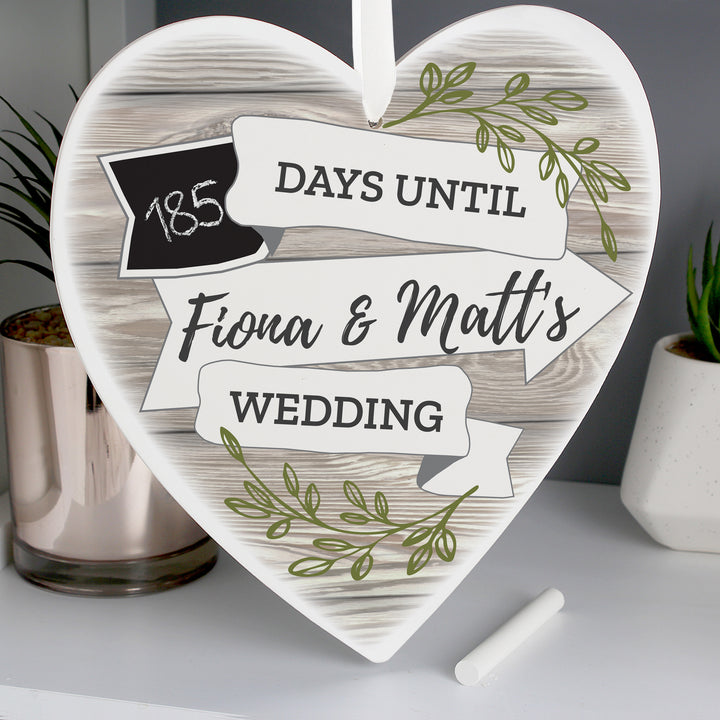 Buy Personalised White Arrow Banner Chalk Countdown Wooden Heart Decoration at www.giftsfinder.co.uk