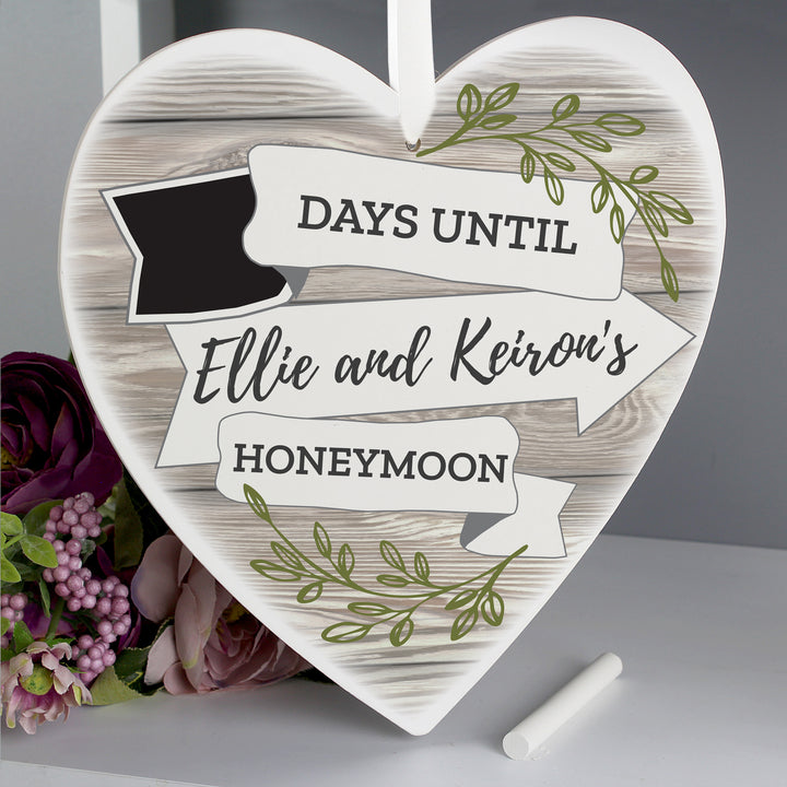 Buy Personalised White Arrow Banner Chalk Countdown Wooden Heart Decoration at www.giftsfinder.co.uk