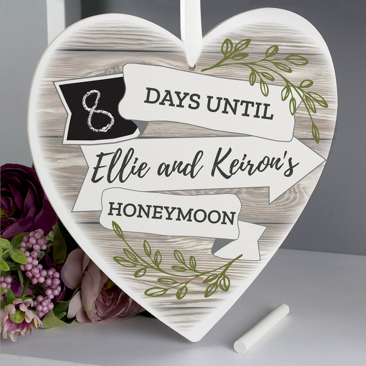 Buy Personalised White Arrow Banner Chalk Countdown Wooden Heart Decoration at www.giftsfinder.co.uk