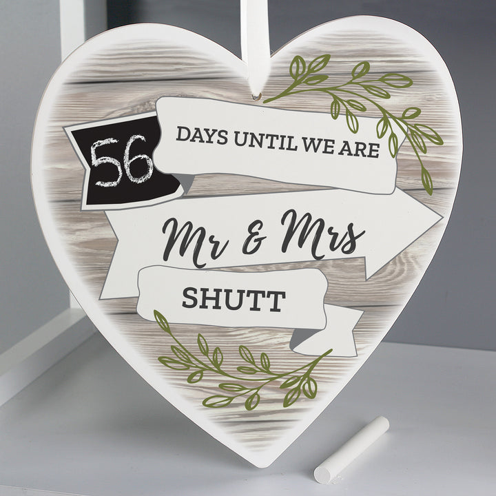 Buy Personalised White Arrow Banner Chalk Countdown Wooden Heart Decoration at www.giftsfinder.co.uk