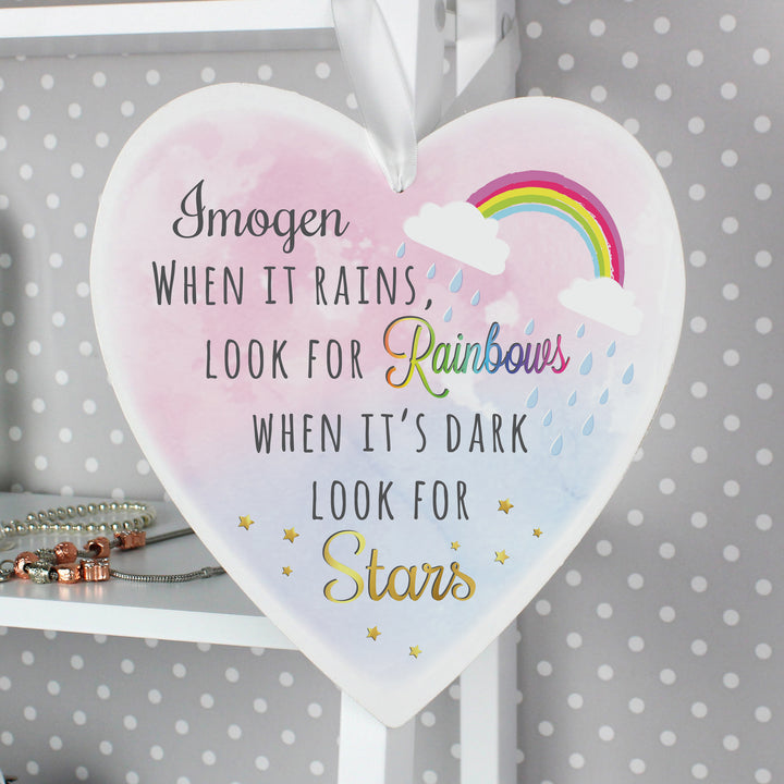 Buy Personalised Rainbows and Stars Large Wooden Heart Decoration at www.giftsfinder.co.uk