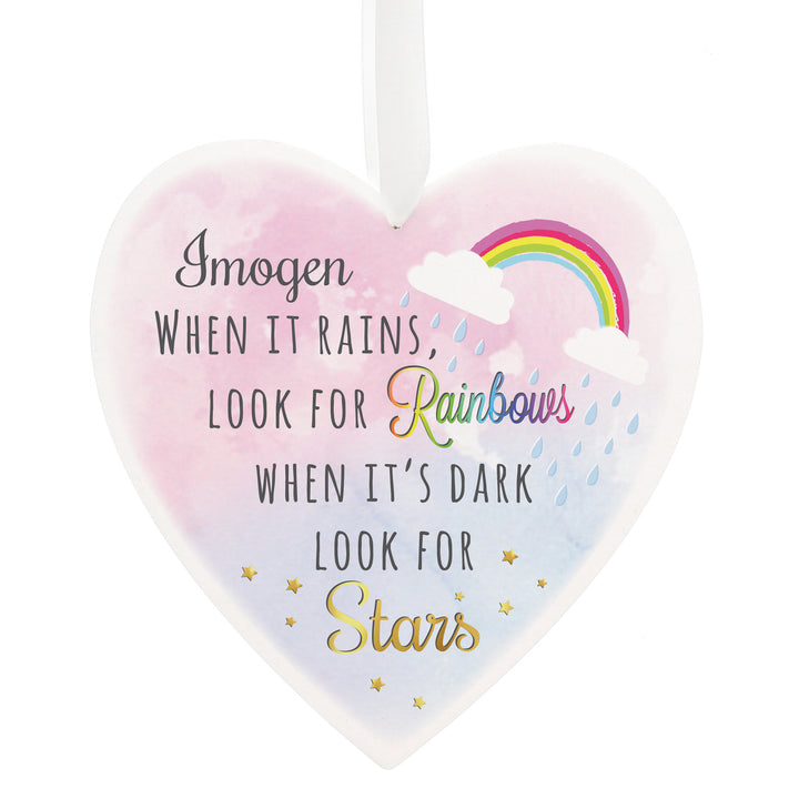 Buy Personalised Rainbows and Stars Large Wooden Heart Decoration at www.giftsfinder.co.uk