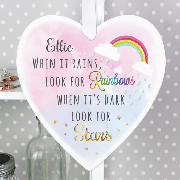 Buy Personalised Rainbows and Stars Large Wooden Heart Decoration at www.giftsfinder.co.uk