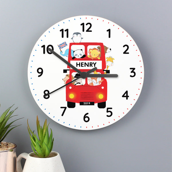 Buy Personalised London Animal Bus Wooden Clock at www.giftsfinder.co.uk