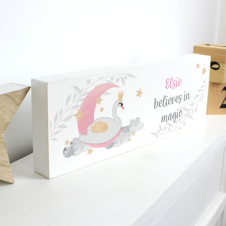 Buy Personalised Swan Lake Wooden Block Sign at www.giftsfinder.co.uk