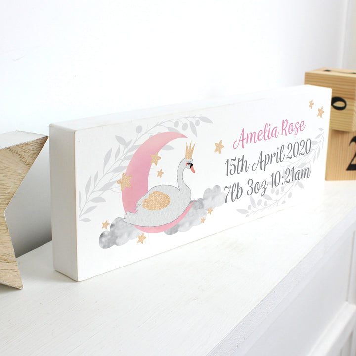 Buy Personalised Swan Lake Wooden Block Sign at www.giftsfinder.co.uk