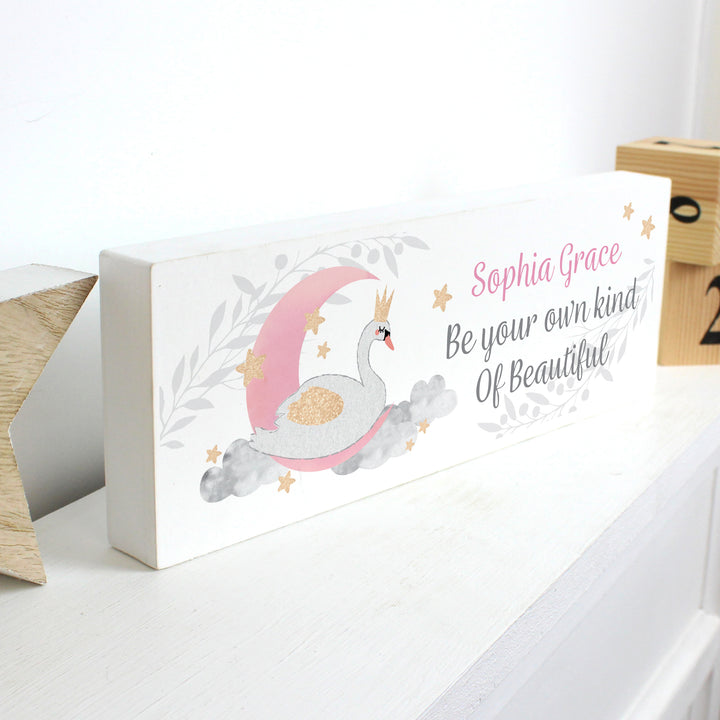 Buy Personalised Swan Lake Wooden Block Sign at www.giftsfinder.co.uk