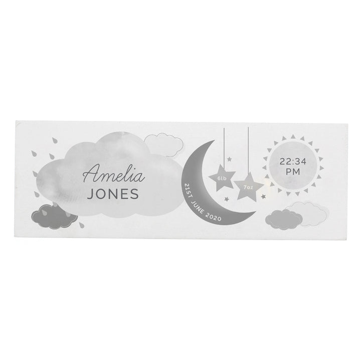 Buy Personalised New Baby Moon & Stars Wooden Block Nursery Sign at www.giftsfinder.co.uk