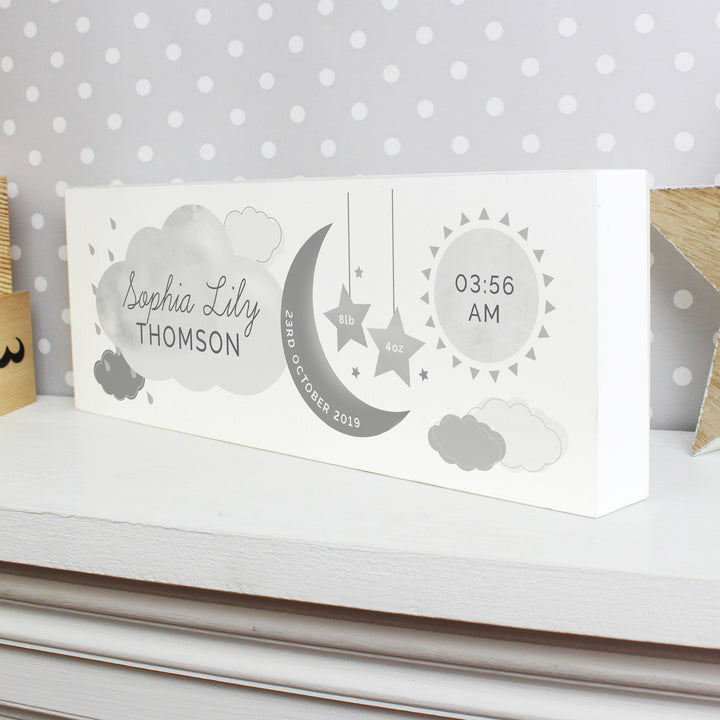 Buy Personalised New Baby Moon & Stars Wooden Block Nursery Sign at www.giftsfinder.co.uk