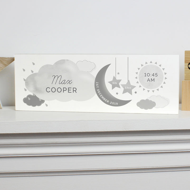 Buy Personalised New Baby Moon & Stars Wooden Block Nursery Sign at www.giftsfinder.co.uk