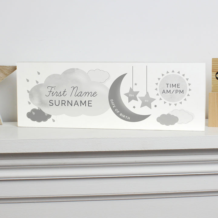 Buy Personalised New Baby Moon & Stars Wooden Block Nursery Sign at www.giftsfinder.co.uk