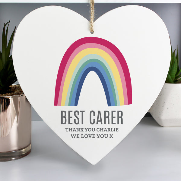 Buy Personalised Rainbow Large Wooden Heart Decoration at www.giftsfinder.co.uk