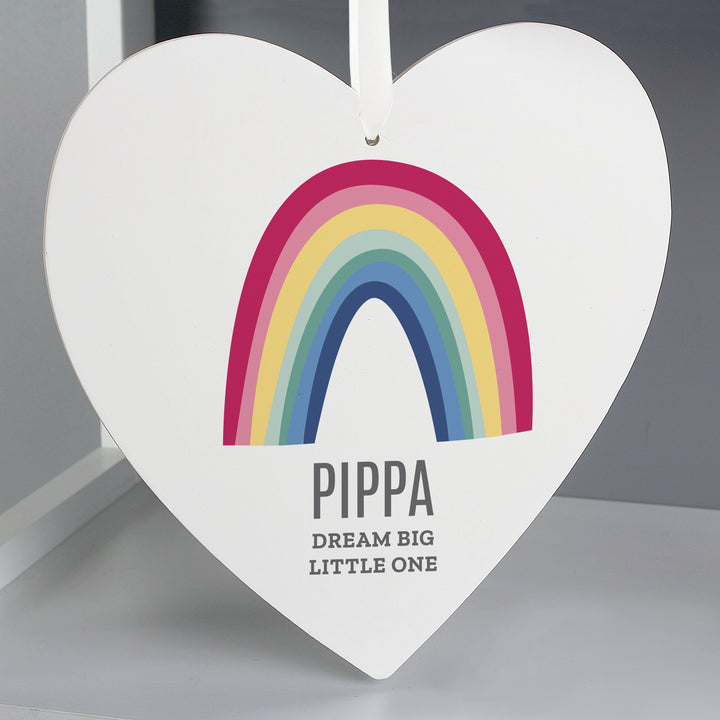 Buy Personalised Rainbow Large Wooden Heart Decoration at www.giftsfinder.co.uk