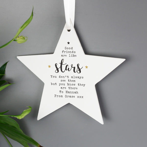 Buy Personalised Good Friends Wooden Star Decoration at www.giftsfinder.co.uk