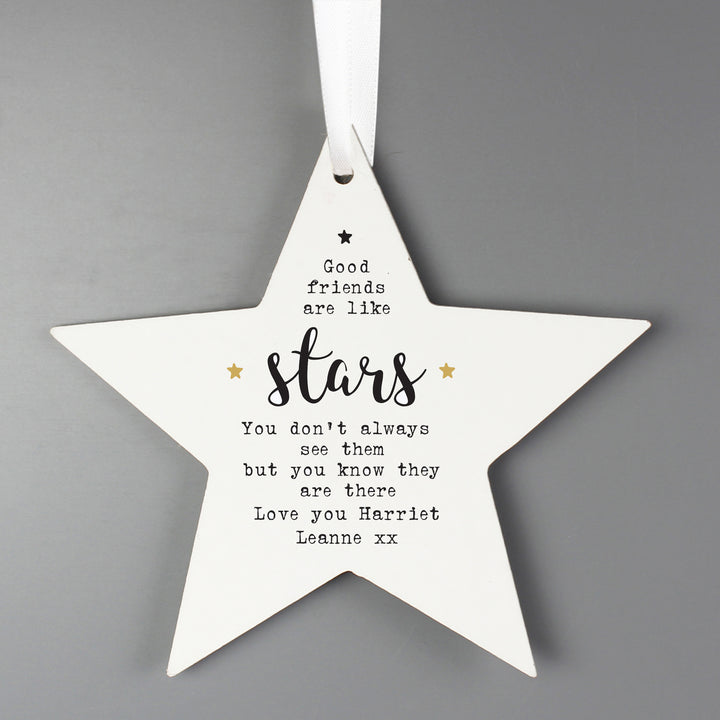 Buy Personalised Good Friends Wooden Star Decoration at www.giftsfinder.co.uk