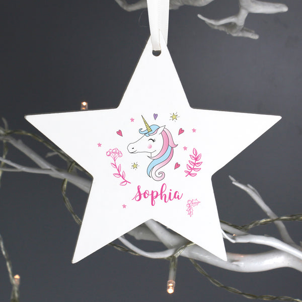 Buy Personalised Unicorn Wooden Star Decoration at www.giftsfinder.co.uk