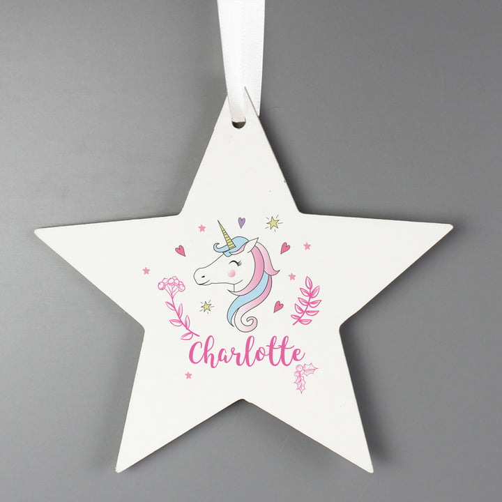 Buy Personalised Unicorn Wooden Star Decoration at www.giftsfinder.co.uk