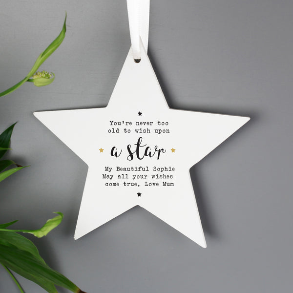 Buy Personalised Wish Upon a Star Wooden Star Decoration at www.giftsfinder.co.uk