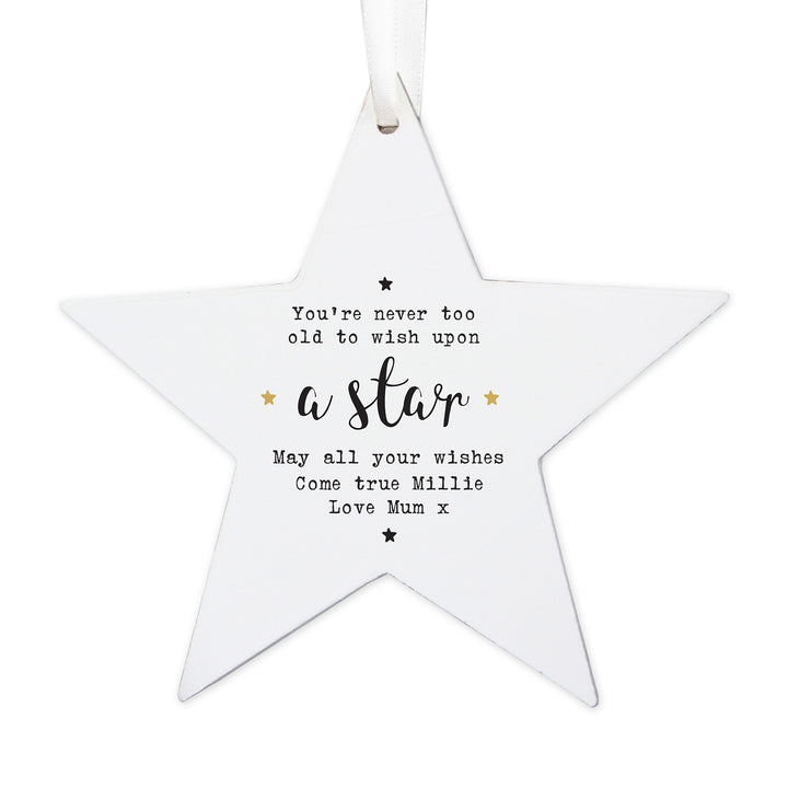 Buy Personalised Wish Upon a Star Wooden Star Decoration at www.giftsfinder.co.uk