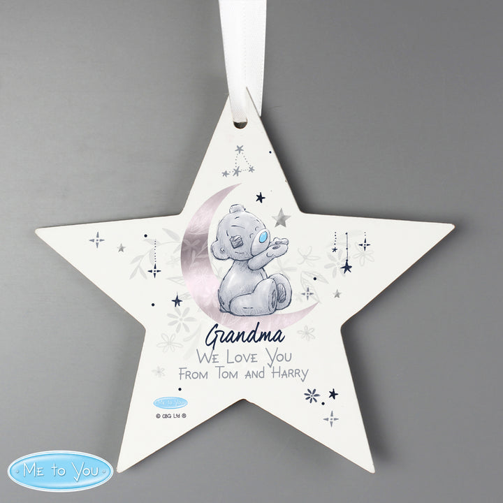 Buy Personalised Moon & Stars Me To You Wooden Star Decoration at www.giftsfinder.co.uk