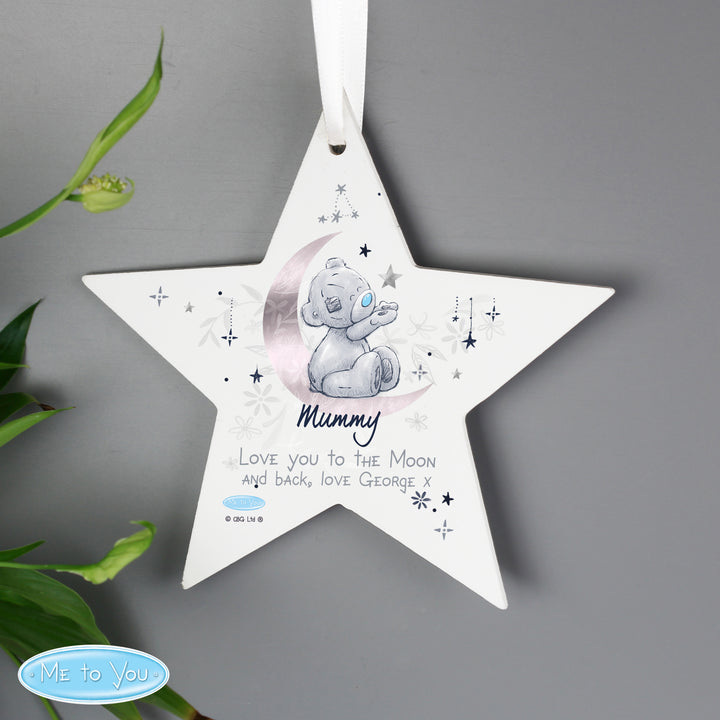 Buy Personalised Moon & Stars Me To You Wooden Star Decoration at www.giftsfinder.co.uk