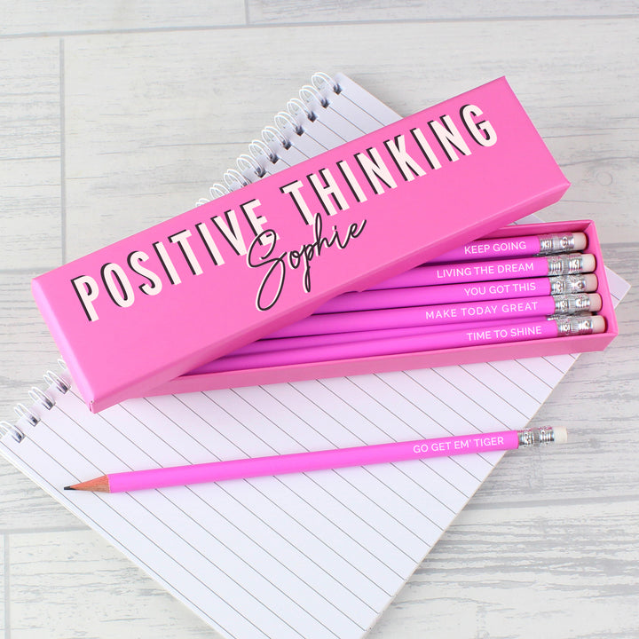 Buy Personalised Positive Thinking Box and 12 Pink HB Pencils at www.giftsfinder.co.uk