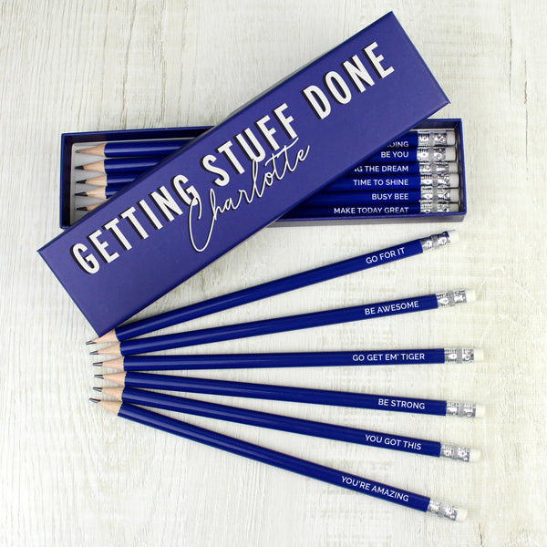 Buy Personalised Getting Stuff Done Box and 12 Blue HB Pencils at www.giftsfinder.co.uk