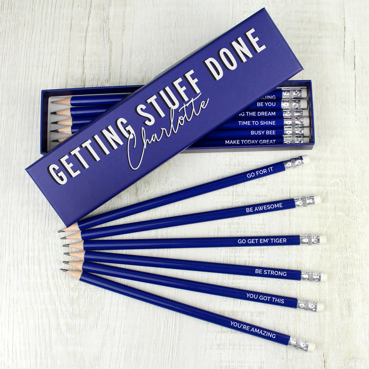 Buy Personalised Getting Stuff Done Box and 12 Blue HB Pencils at www.giftsfinder.co.uk