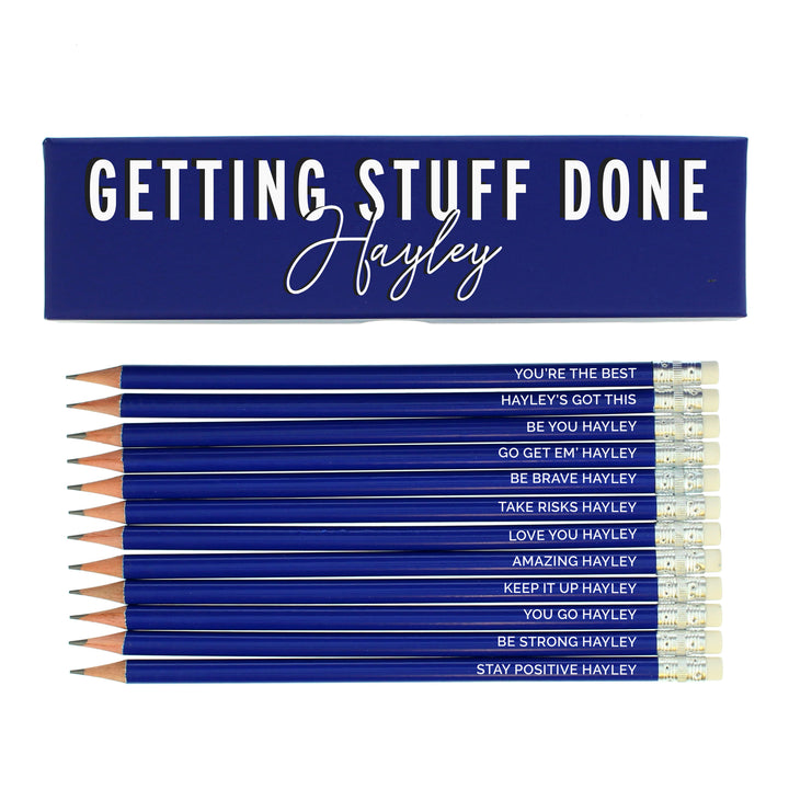 Buy Personalised Getting Stuff Done Box and 12 Blue HB Pencils at www.giftsfinder.co.uk