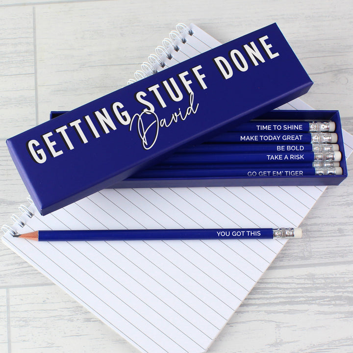 Buy Personalised Getting Stuff Done Box and 12 Blue HB Pencils at www.giftsfinder.co.uk