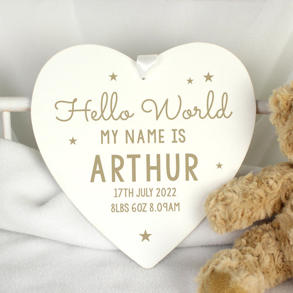 Buy Personalised Hello World Large Wooden Heart Decoration at www.giftsfinder.co.uk