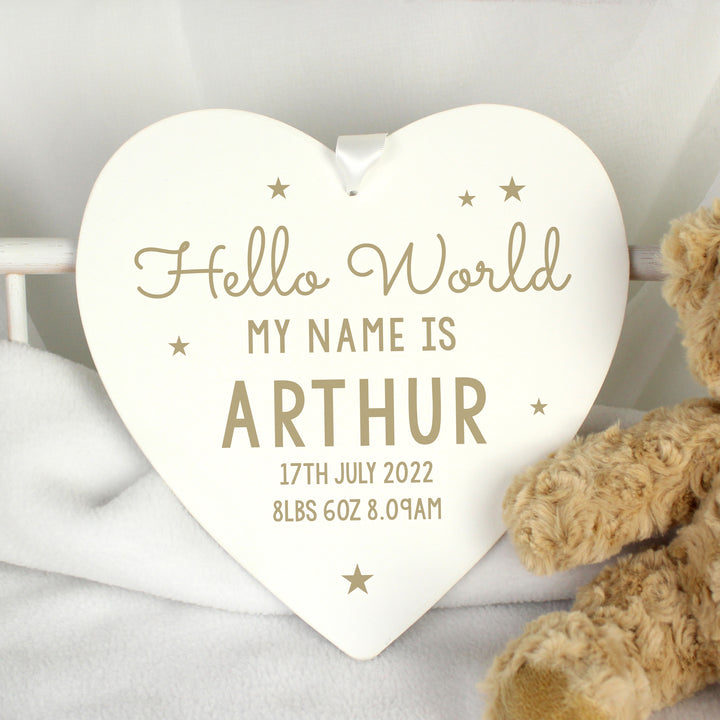 Personalised Hello World Large Wooden Heart Decoration - part of the Gifts Finder Personalised Heart Decorations collection