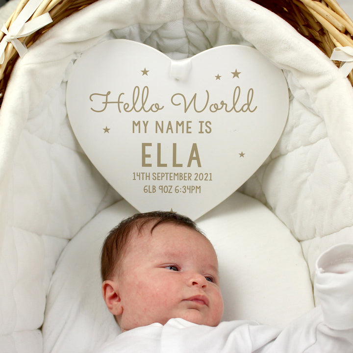 Personalised Hello World Large Wooden Heart Decoration - part of the Gifts Finder Personalised Heart Decorations collection