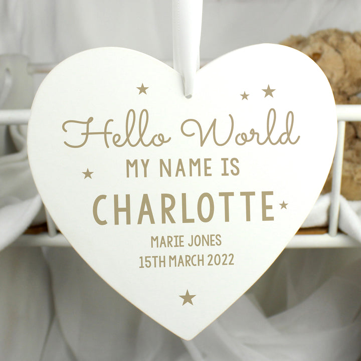 Personalised Hello World Large Wooden Heart Decoration - part of the Gifts Finder Personalised Heart Decorations collection