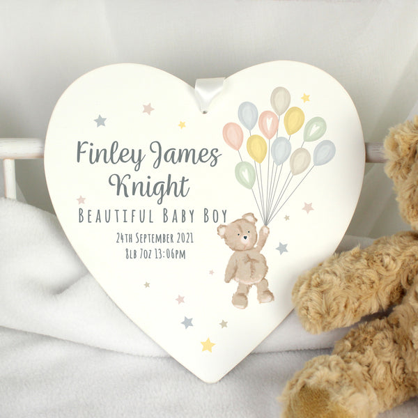 Buy Personalised Teddy & Balloons White Wooden Heart at www.giftsfinder.co.uk